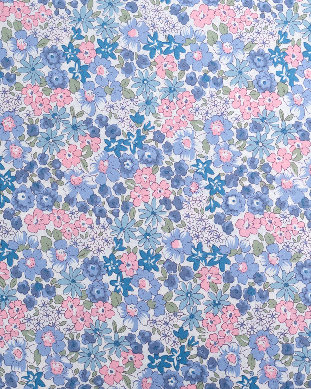 Coton Ecru Fleuri Rose et Bleu - Mercerine