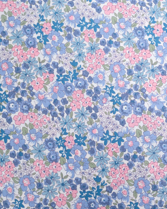 Coton Ecru Fleuri Rose et Bleu - Mercerine