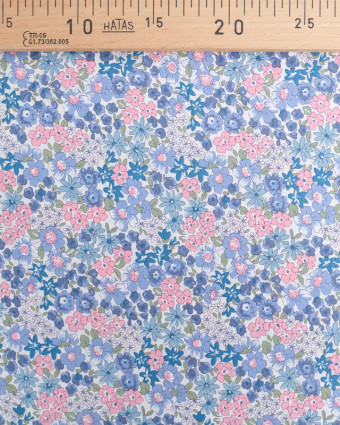 Coton Ecru Fleuri Rose et Bleu - Mercerine