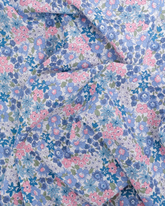 Coton Ecru Fleuri Rose et Bleu - Mercerine