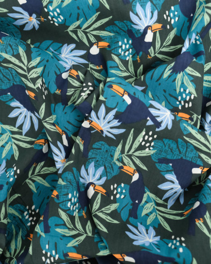 Coton Vert Foncé Motif Tropical Bleu - Mercerine