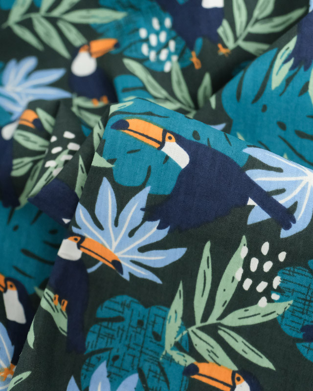 Coton Vert Foncé Motif Tropical Bleu - Mercerine