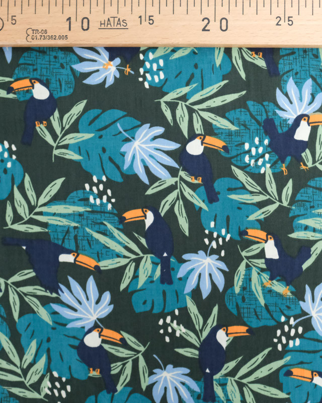 Coton Vert Foncé Motif Tropical Bleu - Mercerine