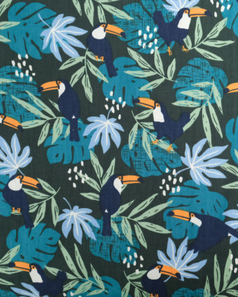 Coton Vert Foncé Motif Tropical Bleu - Mercerine