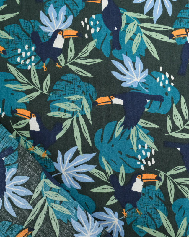 Coton Vert Foncé Motif Tropical Bleu - Mercerine