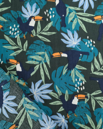 Coton Vert Foncé Motif Tropical Bleu - Mercerine