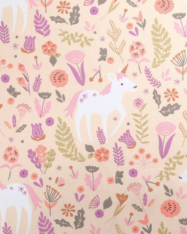 Tissu Coton Beige Licorne et Fleurs - Mercerine