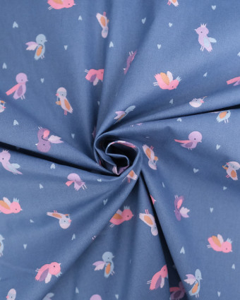 Tissu Coton Bleu Petit Oiseaux Rose et Violet - Mercerine