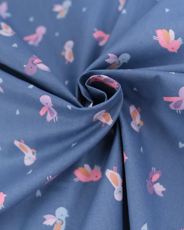 Tissu Coton Bleu Petit Oiseaux Rose et Violet - Mercerine