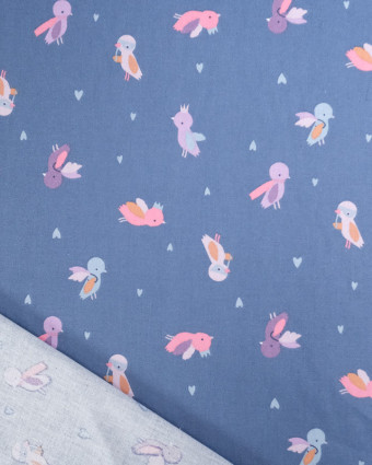 Tissu Coton Bleu Petit Oiseaux Rose et Violet - Mercerine