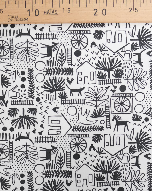 Tissu Coton Ecru Motif Dessin Noir - Mercerine