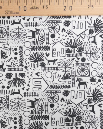 Tissu Coton Ecru Motif Dessin Noir - Mercerine