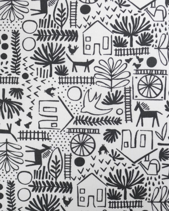 Tissu Coton Ecru Motif Dessin Noir - Mercerine