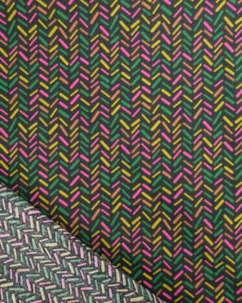 Tissu Coton Noir Imprimé Chevron Rose et Vert - Mercerine