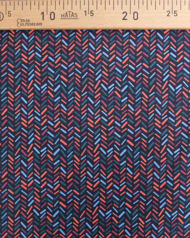 Tissu Coton Imprimé Chevron Bleu et Corail - Mercerine