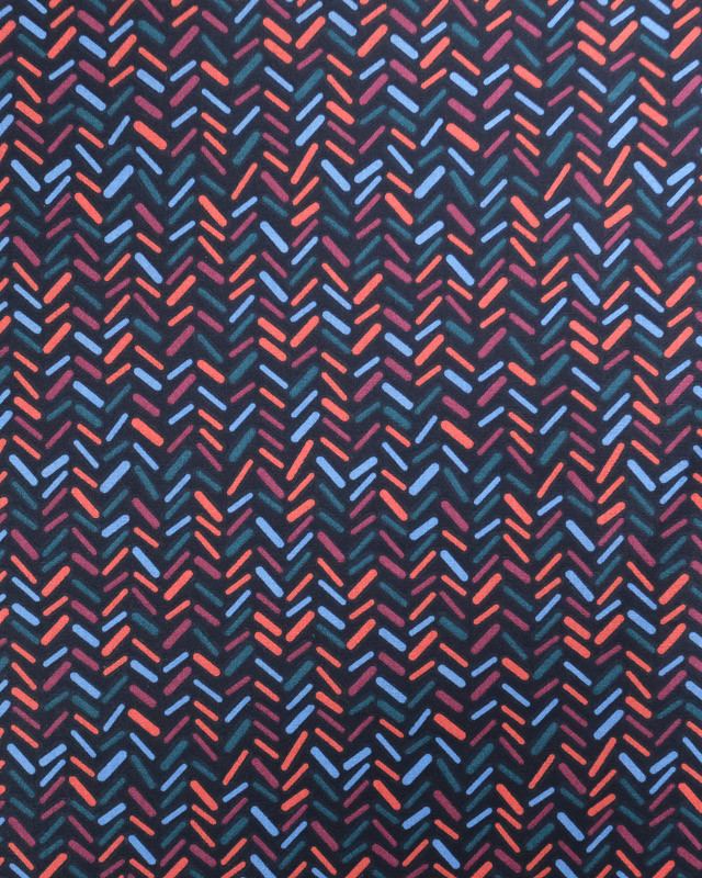 Tissu Coton Imprimé Chevron Bleu et Corail - Mercerine