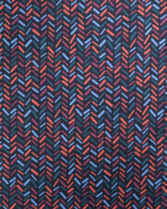 Tissu Coton Imprimé Chevron Bleu et Corail - Mercerine