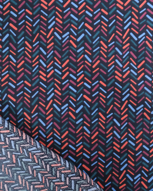 Tissu Coton Imprimé Chevron Bleu et Corail - Mercerine