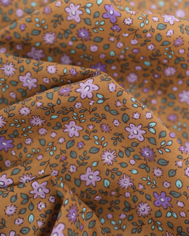 Popeline de Coton Marron Petites Fleurs Lilas - Oeko-Tex - Mercerine