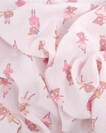 Tissu Double Gaze Rose Clair Lapin et Souris Danseuses - Mercerine