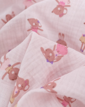 Tissu Double Gaze Rose Clair Lapin et Souris Danseuses - Mercerine