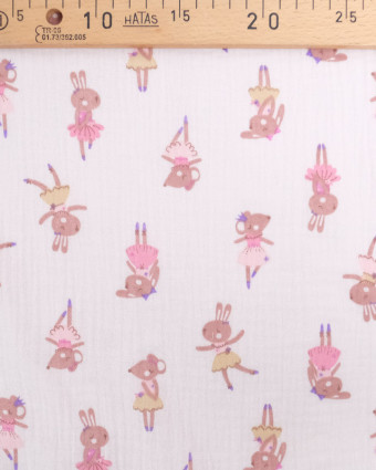 Tissu Double Gaze Rose Clair Lapin et Souris Danseuses - Mercerine