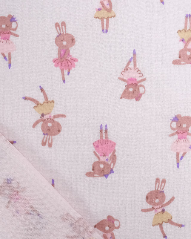 Tissu Double Gaze Rose Clair Lapin et Souris Danseuses - Mercerine