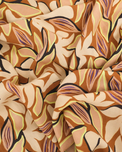 Viscose Caramel Motif Floral Beige Détail Vert Citron - Mercerine