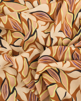 Viscose Caramel Motif Floral Beige Détail Vert Citron - Mercerine