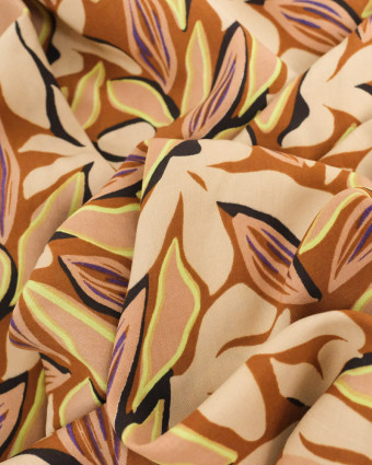 Viscose Caramel Motif Floral Beige Détail Vert Citron - Mercerine