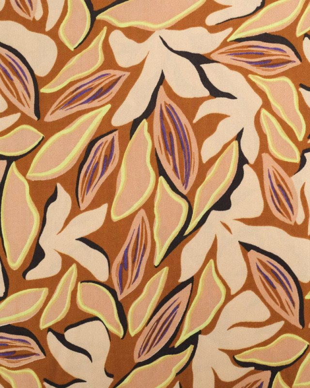 Viscose Caramel Motif Floral Beige Détail Vert Citron - Mercerine