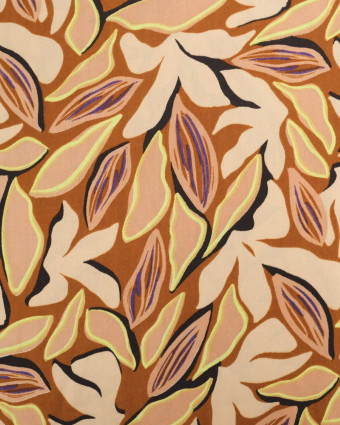 Viscose Caramel Motif Floral Beige Détail Vert Citron - Mercerine