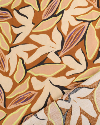 Viscose Caramel Motif Floral Beige Détail Vert Citron - Mercerine