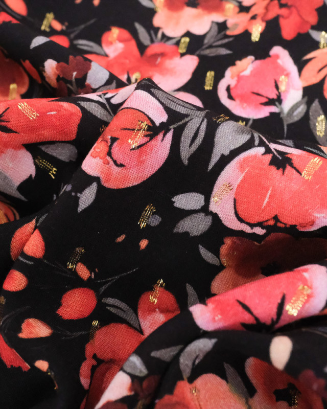 Tissu Viscose Noir Jolie Fleurs Rouge Lurex - Mercerine