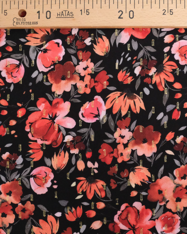 Tissu Viscose Noir Jolie Fleurs Rouge Lurex - Mercerine