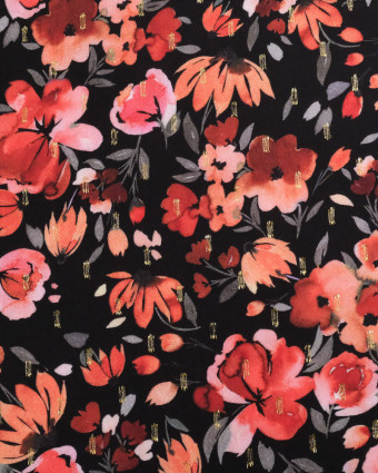 Tissu Viscose Noir Jolie Fleurs Rouge Lurex - Mercerine