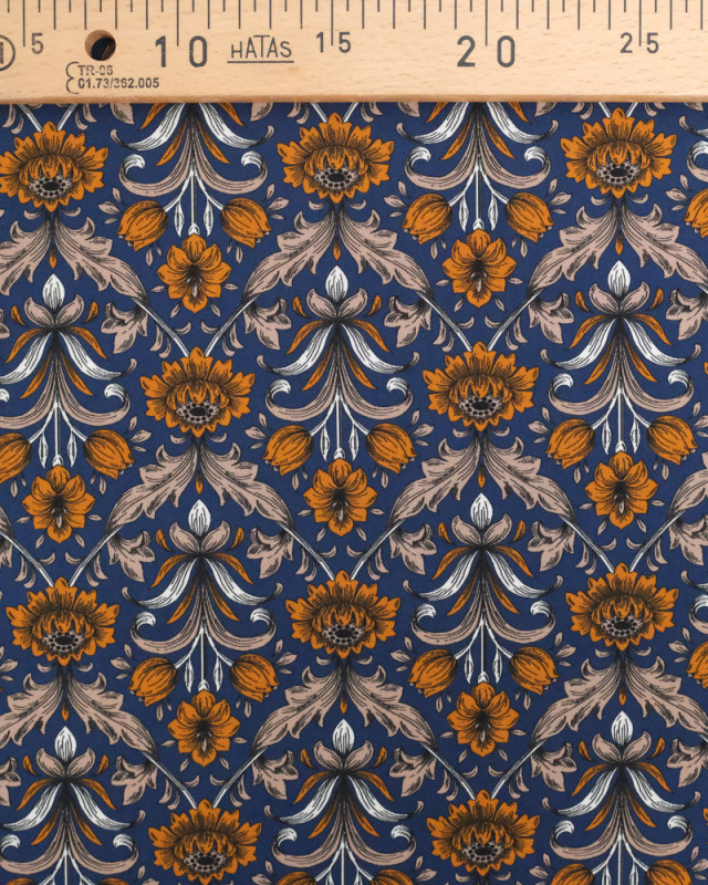 Viscose Bleu Marine Motif Fleuri Ocre Imprimée en France - Mercerine