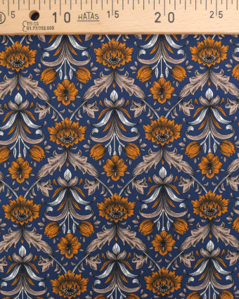 Viscose Bleu Marine Motif Fleuri Ocre Imprimée en France - Mercerine