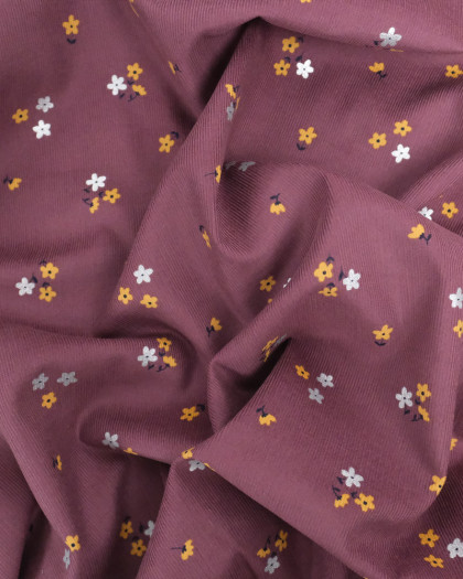 Velours Milleraies Aubergine Motif Fleuri Ocre et Argent - Oeko-Tex - Mercerine