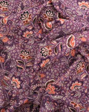 Tissu Viscose Mauve Motif Floral Orange - Mercerine