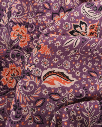 Tissu Viscose Mauve Motif Floral Orange - Mercerine