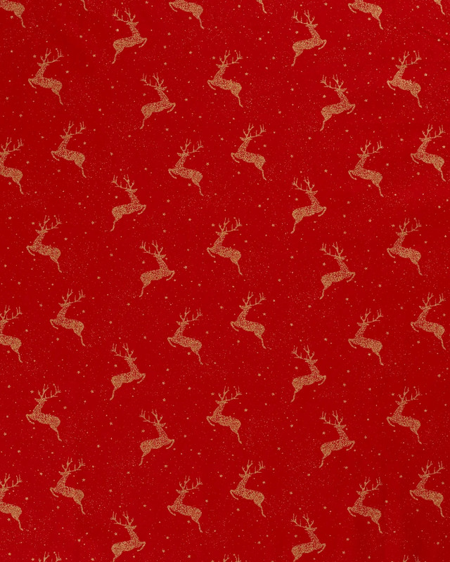 Tissu Coton de Noël Rouge Cerfs Dorés - Oeko-Tex - Mercerine