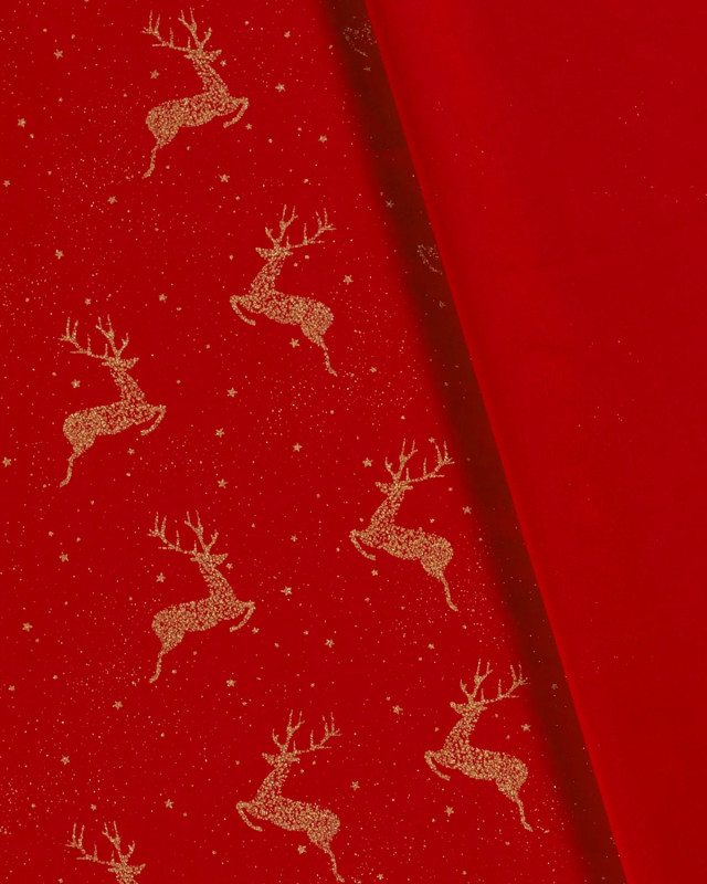 Tissu Coton de Noël Rouge Cerfs Dorés - Oeko-Tex - Mercerine