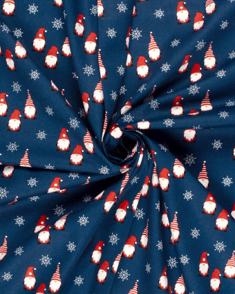 Tissu Coton de Noël Bleu Marine Petits Lutins - Oeko-Tex - Mercerine