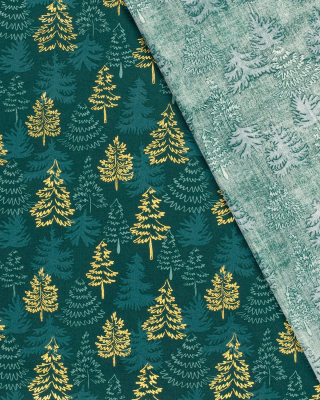 Tissu Coton Noël Vert Motif Sapin Doré - Oeko-tex - Mercerine