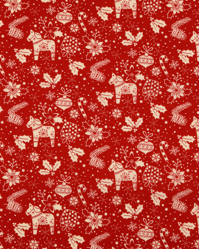 Tissu de Noël : Tissu Coton Rouge Joli Motif de Noël Beige - Mercerine