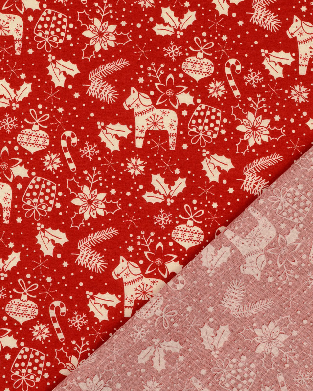 Tissu de Noël : Tissu Coton Rouge Joli Motif de Noël Beige - Mercerine