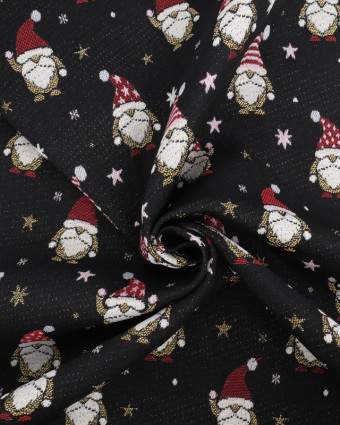 Tissu Jacquard Noir Gnome de Noël - Fabrication Française - Mercerine