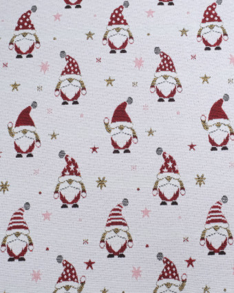 Tissu Jacquard Blanc Gnome de Noël - Fabrication Française - Mercerine