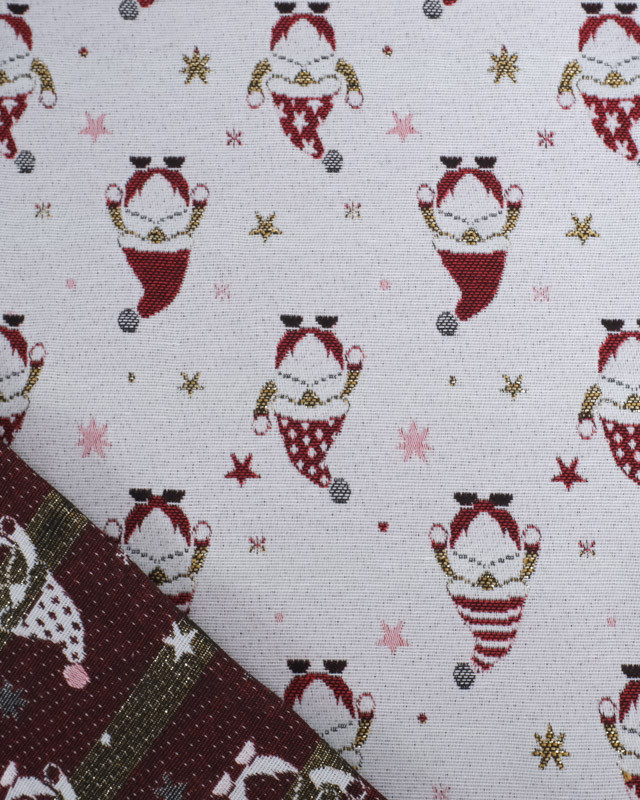 Tissu Jacquard Blanc Gnome de Noël - Fabrication Française - Mercerine